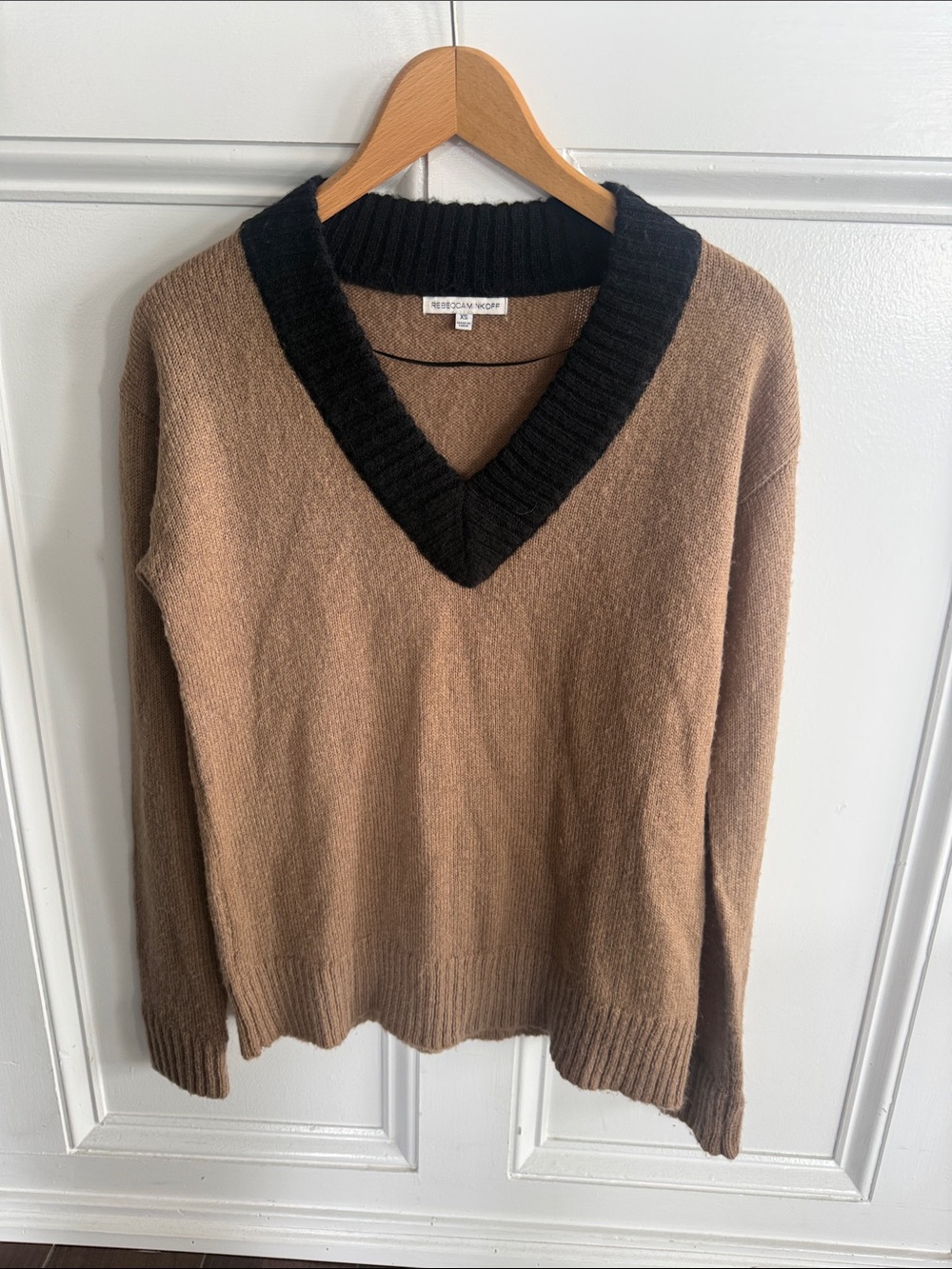 Rebecca Minkoff Tan V-Neck Sweater with Black Trim